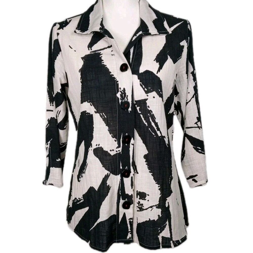 Parsley & Sage Women's S Cotton Button Up Shirt Black White Geometric Artsy